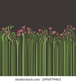 Abstract floral square dark background with flowers with a long stem, footstalk and copy space for banner, social media, postcard, contemporary art in bauhaus, groovy style