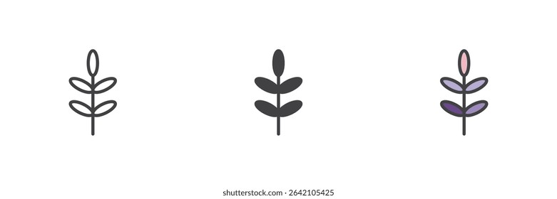 Abstract floral stem with leaves shown in line, solid and filled outline vector styles. Decorative plant icon pack with symmetrical botanical design.