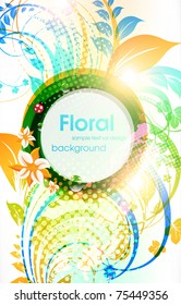 Resumen de fondo de verano floral con flores, sol y pájaro. 10.
