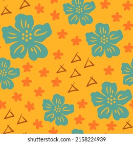 Resumen del patrón de verano floral con garabatos. Ilustración sin fisuras del vector de corte con flores y elementos triangulares dibujados a mano con colores de moda