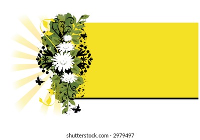 Abstract floral swag, daisies over green and mustard background. Space for text. Vector illustration.