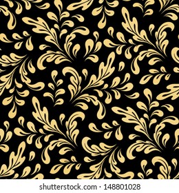 Abstract floral swirls, vector seamless pattern, vintage gold background