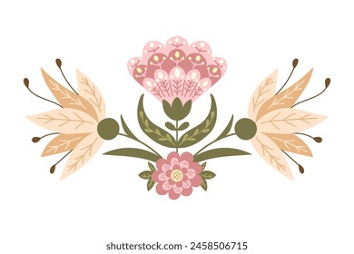 Abstract floral symmetrical composition in folk fantasy style. Vector flat hand drawn illustration in muted colors and boho style isolated on white background. Ideal for home decor or printout