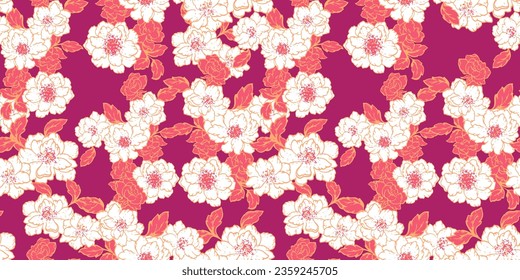 Abstract floral tapestry seamless pattern. Blooming spring or summer meadow background . Vector hand-drawn plants and flowers. Template for design