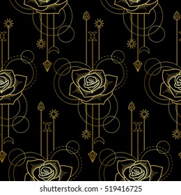 Abstract floral techno seamless pattern with rose and geometric elements on black background