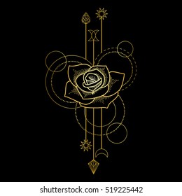 Abstract Floral Techno Symbol With Rose And Geometric Elements On Black Background