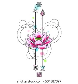 Abstract floral techno tattoo with lotus and geometric elements on white background. Floral symbol with vector watercolor effect.