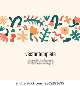 Abstract floral template for banner or card with copy space, flowers, leaves, scribble shapes and dots, contemporary botanical ornament, organic motif, modern background for invitation