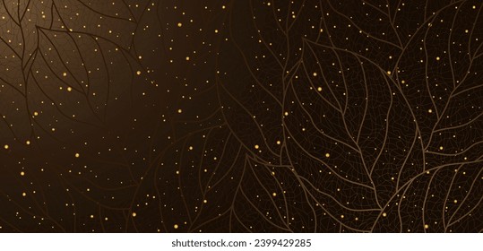 Abstract floral template with glowing circles and foliage, leaves on dark brown gold gradient background. Luxury golden vector image. Elegant geometric design. EPS 10