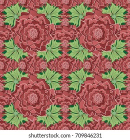 Abstract floral textile print for decoration, green, pink and brown fashion traditional vector vintage art. Flower seamless pattern. Stylized plant floral ornament.