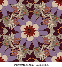 Abstract floral textile print for decoration, brown, purple and yellow fashion traditional vector vintage art. Stylized plant floral ornament. Flower seamless pattern.