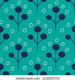 Abstract floral texture with blue berries. Seamless pattern on the green background.