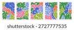 Abstract floral textures, patterns set. Funky modern style posters, creative whimsical flowers and leaf, card backgrounds, colorful doodle shapes, organic nature forms. Flat vector illustrations.