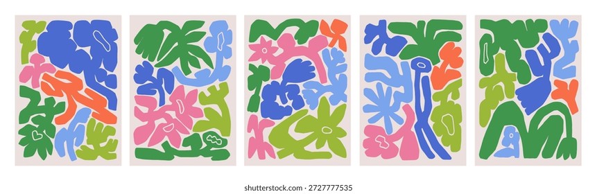 Texturas florales Abstractas, conjunto de patrones. Afiches de estilo moderno, flores y hojas creativas y caprichosas, fondos de tarjetas, Formas de doodle coloridas, formas orgánicas de la naturaleza. Ilustraciones vectoriales planas.