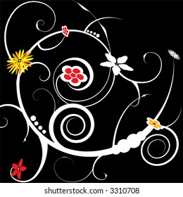 An abstract floral tile design with warm colored flowers