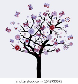 Abstract floral tree with flowers and butterflies