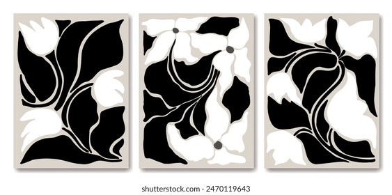 Abstractas tríptico floral en blanco y negro - estilo Matisse