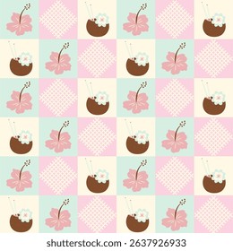 Abstract floral tropical checkerboard seamless pattern background with hibiscus flower. modern creative print
