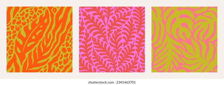 Abstract Floral Tropical Seamless Patterns Set in Trendy Radiant Red, Cyber Lime and Pink Colors. Vector Palm Leaves, Leopard and Zebra Stripes Print in Contemporary Collage Style