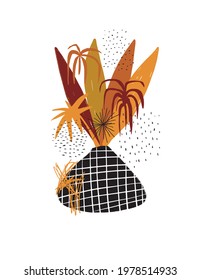 Abstract Floral Vector Art. Gold, Black and Brown Hand Drawn Twigs and Leaves in a Black Vase Isolated on a White Background. Simple Grunge Floral Hand Drawn Print ideal for Wall Art, Poster, Card.