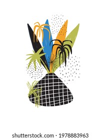 Abstract Floral Vector Art. Green, Black, Yellow, and Blue Hand Drawn Leaves in a Black Vase Isolated on a White Background. Simple Grunge Floral Hand Drawn Print ideal for Wall Art, Poster, Card.