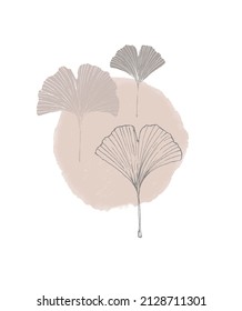 Abstract Floral Vector Art with Light Brown Watercolor Style Stain and Sketched Ginkgo Biloba Leaves  on a White Background ideal for Card, Wall Art, Poster.