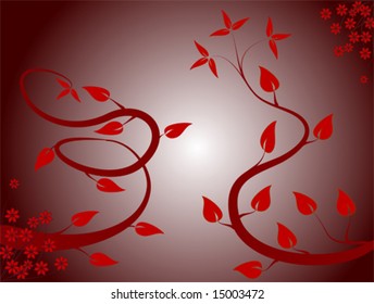 An abstract floral vector background design with a red floral design of winding leafy tendrils on a dark red graduated background with a centre highlight