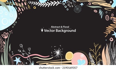 Resumen Fondo del Vector Floral. Silhouettes de flores dibujadas a mano, hierbas, rosas, tulipanes e ilustraciones botánicas sobre fondo negro.