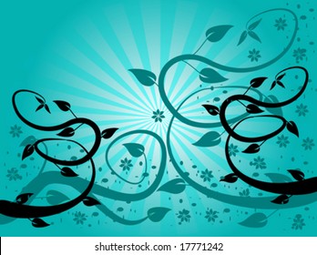 An abstract floral vector background illustration with black and teal winding tendrils on a sunburst effect lighter graduated background