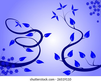 An abstract floral vector background illustration with winding vines on a lighter blue graduated backdrop