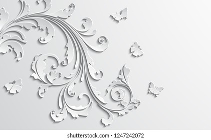 Abstract floral vector background with paper flowers  butterflies.