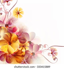 Abstract floral vector background with pink and orange flowers for backgrounds or templates designs