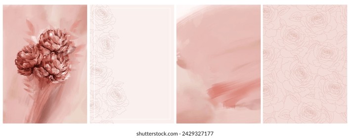 Abstract Floral Vector Backgrounds with Peonies and Roses. Blush Pink Blurry Layout. Trendy Hand Drawn Print with Copy Space. Spring Garden.RGB. Delicate Hand Painted Pastel Pink Abstract Design. 