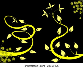 An abstract floral vector design with Japanese style yellow vines on a black backdrop with room for text