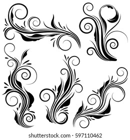 Abstract floral vector elements with curly and leaves. Curly floral vector set.