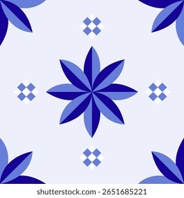 Abstrakter Blumenvektor. Geometrisches, nahtloses Blumenmuster auf blauem Hintergrund. für Stoff, Fliesen, Teppich, Vektor, 
Illustration Design, Schal, Tapete, Kleidung, Umhüllungspapier, Kunstdruck.