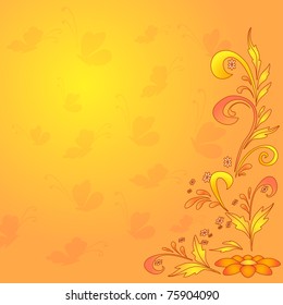 Abstract floral vector gold background with flowers and butterflies