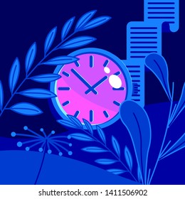 An abstract floral vector illustration with clock and documents. 