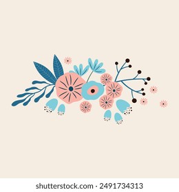 Abstract floral vector illustration with simple flowers, buds and leaves. Hand drawn botanical composition for cards, invitations and banners. Hygge style