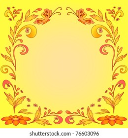 Abstract floral vector orange and yellow background with flowers and butterflies