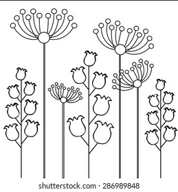 Abstract floral vector pattern. Dandelions and foxgloves. Colorful on dark blue. Backgrounds & textures shop.