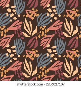 Abstract floral vector pattern. Delicate autumn colors. Brown. Pink. Orange. Fabric print. Abstraction. Dark background. Abstract plants. Autumn. Beige.