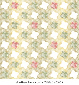 Abstract floral vector pattern texture with striped geometric flowers in gold, green and red on white background. Seamless background, great for wallpaper, Christmas wrapping paper and stationery.