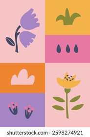Abstract floral vector poster. Modern trendy flower art illustration. Hand drawn simple botanical design for postcard, cover. Flower market advertising template.