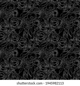 Abstract floral vector seamless pattern with white contours of rose flowers on black background. Template for design, textile, wallpaper, wrapping, carton.