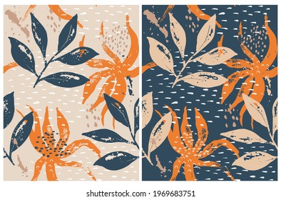 Abstract Floral Vector Seamless Pattern. Blue, Beige and Orange Hand Drawn Twigs and Leaves Isolated on a Beige and Dark Blue Background. Simple Grunge Floral Hand Drawn Prints. 