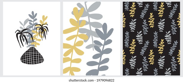 Abstract Floral Vector Seamless Pattern and Art. Gray, Black and Gold  Hand Drawn Twigs and Leaves in a Black Vase Isolated on a White and Black Background. Simple Grunge Floral Hand Drawn Prints.