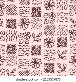 Abstract floral vector seamless pattern. Doodles, lines, flowers, square shapes on a pink background. For fabric prints, textile products, clothes, men's shirt.