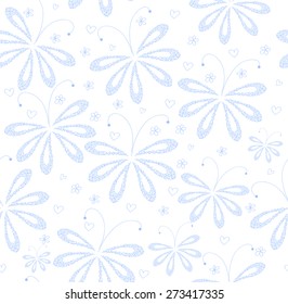 Abstract floral vector seamless pattern with blue figured moths. Endless texture. You can use any color of background