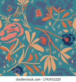 Abstract floral vector seamless repeat pattern, with 70's color schemes,orange, blue, teal color theme,on trend floral designs perfect for fabrics,,wall paper,and home decor products